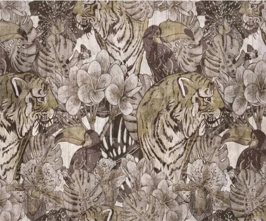 Papier peint panoramique Zèbres, tigres et feuillage