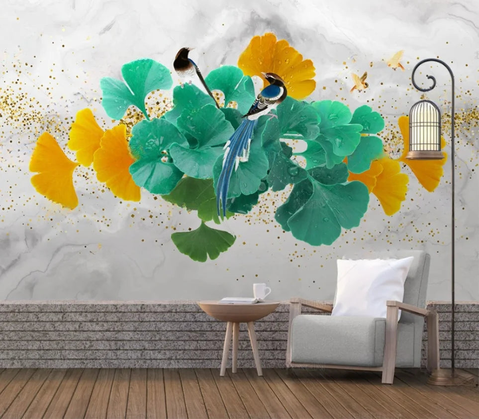Gold Ginkgo Leaves on Marble