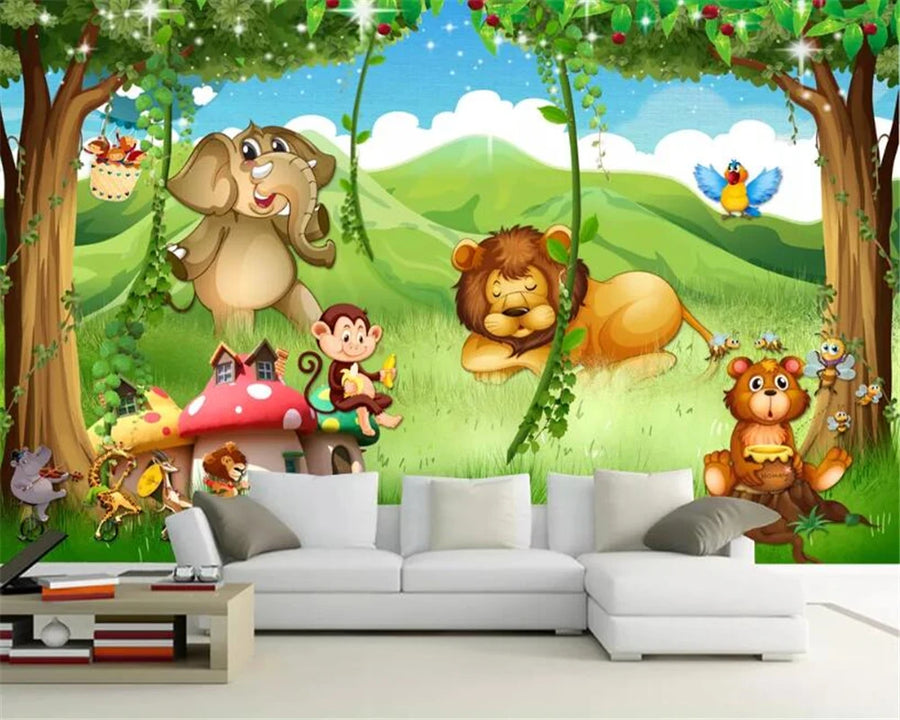 Papier peint panoramique Forêt fantastique, girafe et lion
