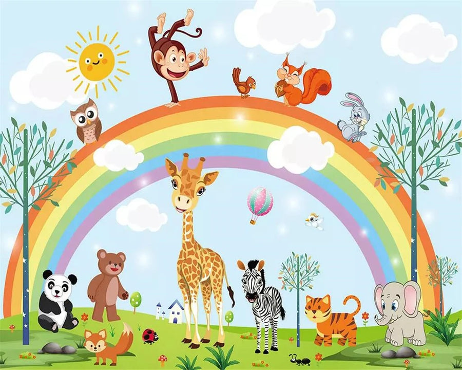 Papier peint panoramique Arc-en-ciel et animaux dessinés