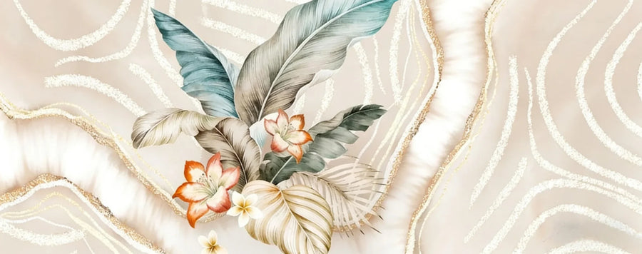 Tropical Leaves and Feathers on Marble, photo 6