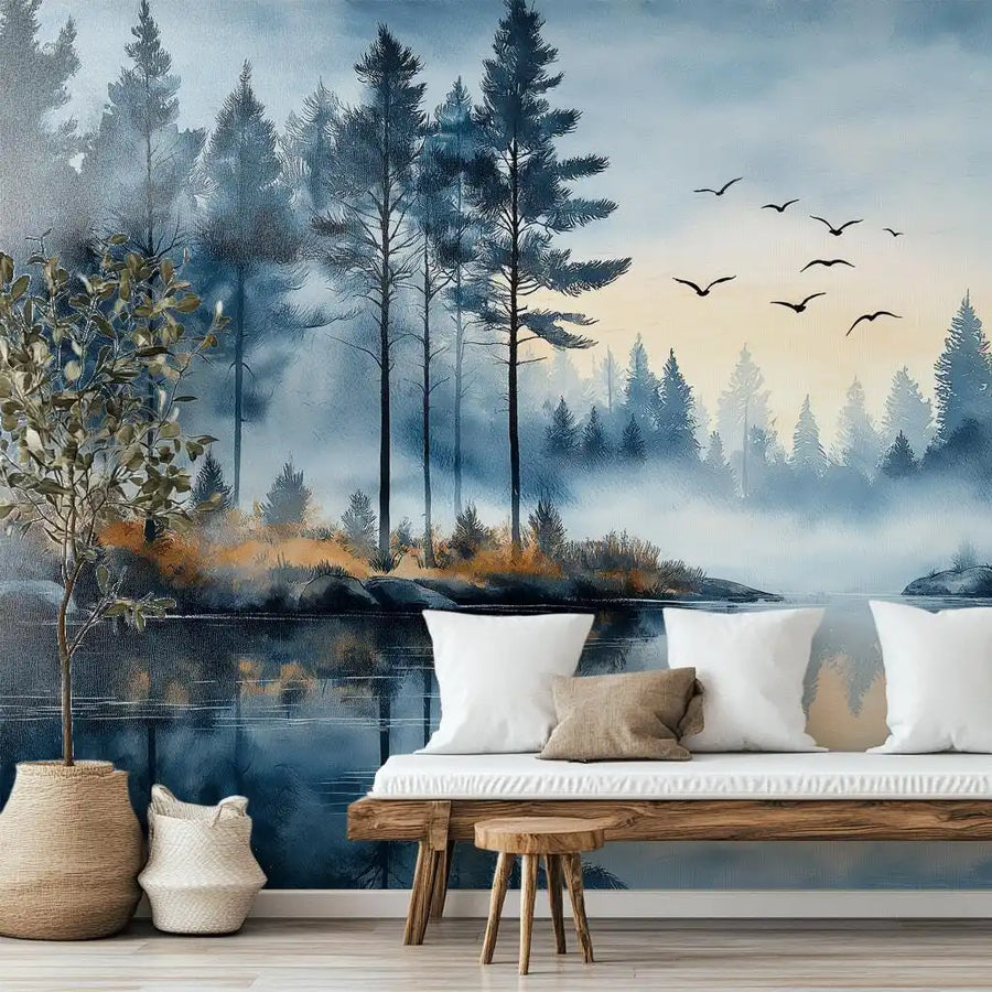 Papier peint panoramique Brume, cèdres et arbres en fleurs