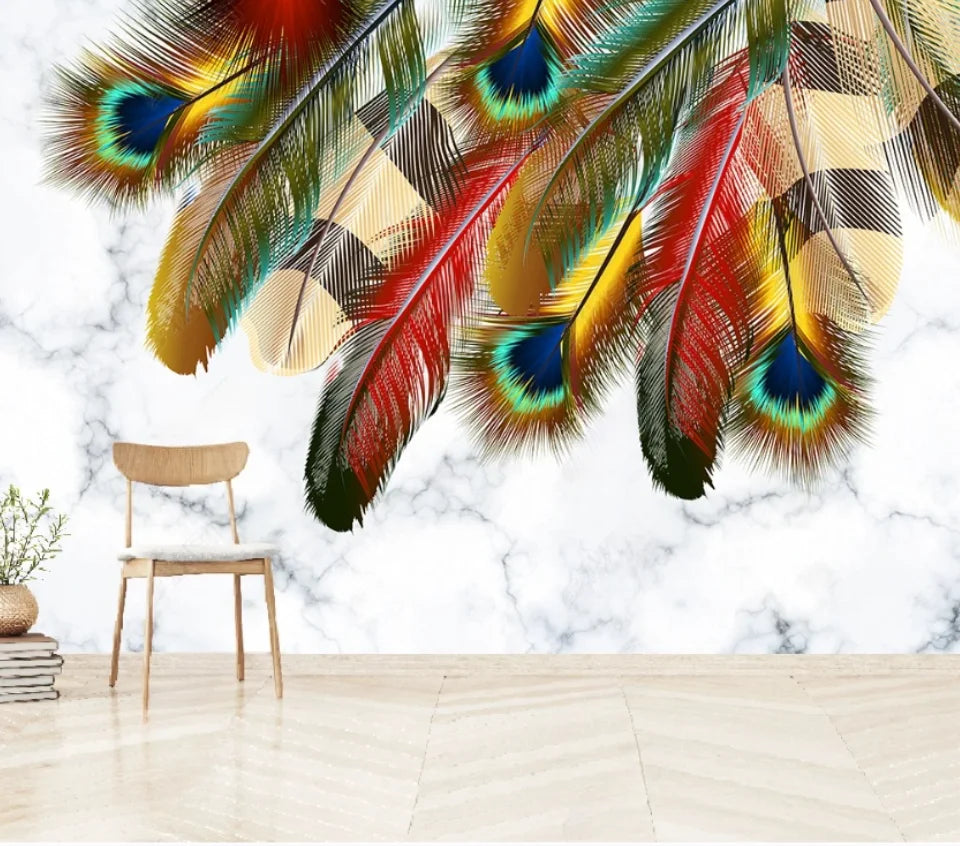 Peacock Feathers on Blue and White Marble