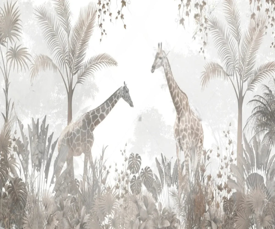 Papier peint panoramique Palmiers et girafes