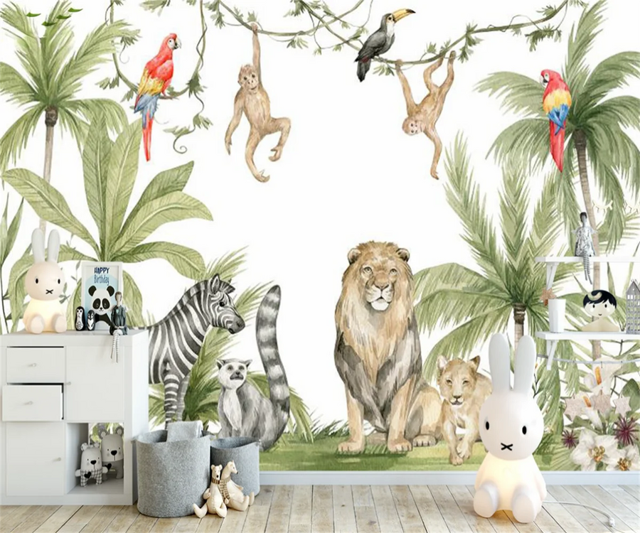 Papier peint panoramique Jungle aquarelle et girafe