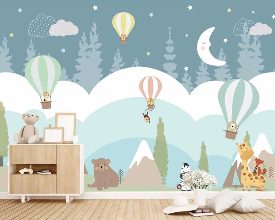 Papier peint panoramique Montgolfières et petits animaux dessinés