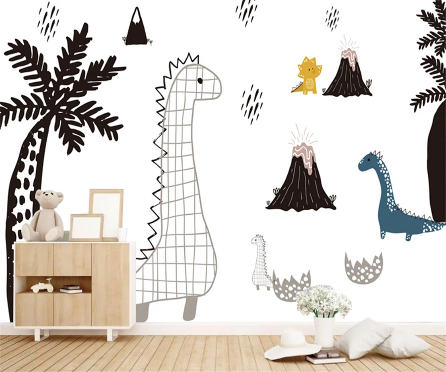 Papier peint panoramique Dinosaures dessinés noir et blanc