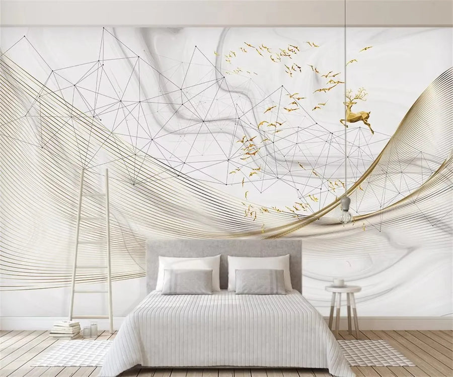 Papier peint panoramique Marbre doré, élan et oiseaux