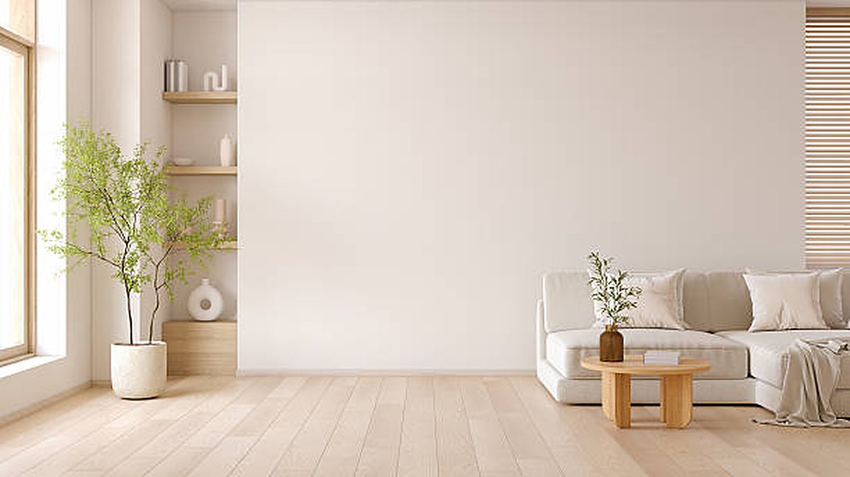 Minimal white living room, pale timber and linen sofa