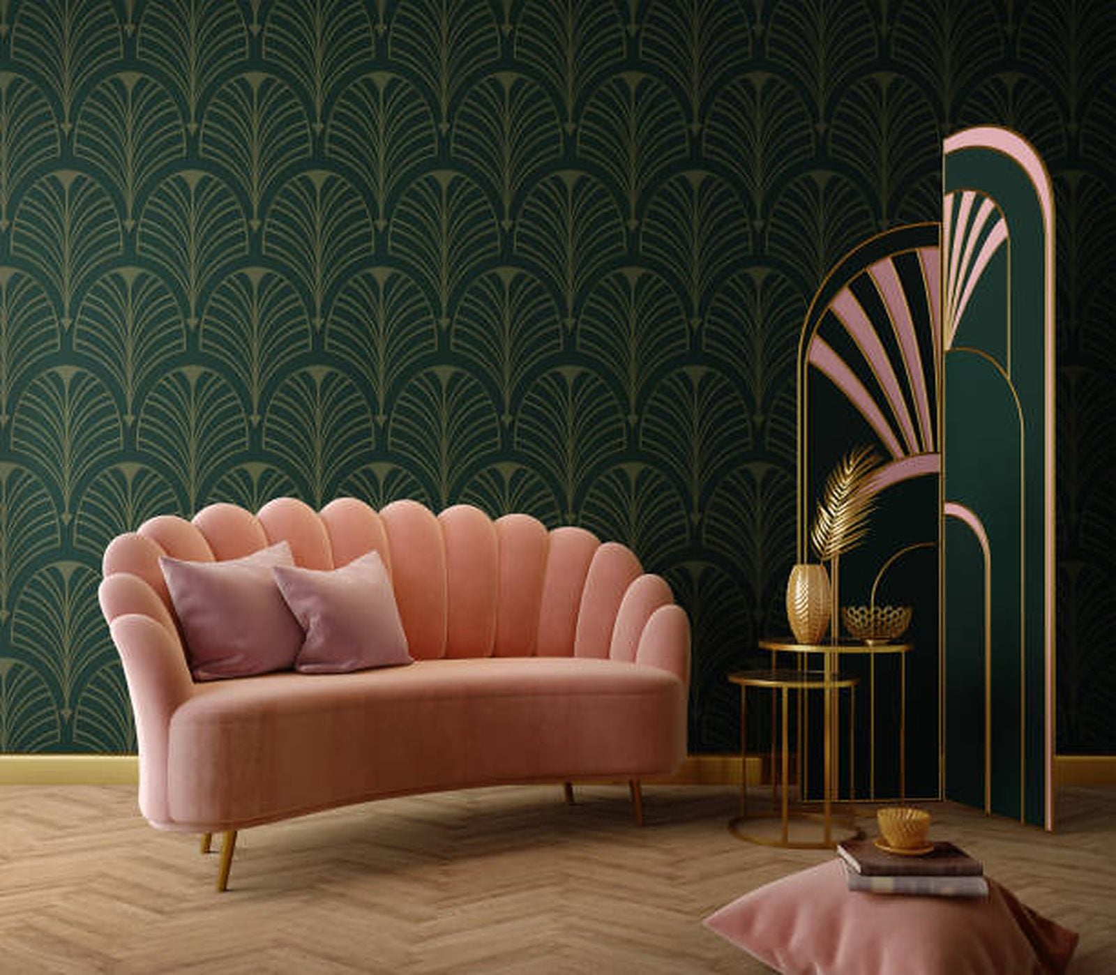 Art Deco living room, green and gold fan-pattern wallpaper, pink sofa