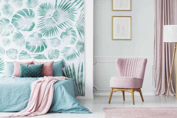 Pastel bedroom, tropical leaf wallpaper
